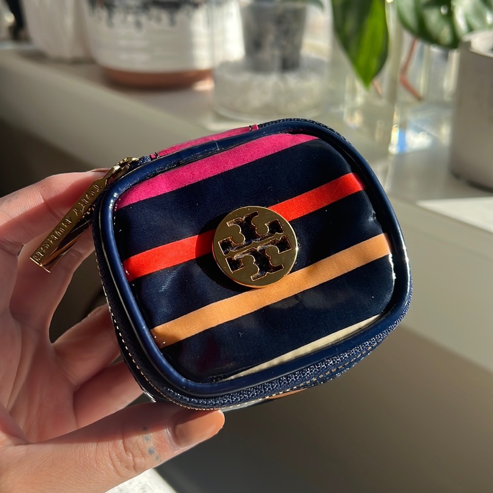 Tory Burch Navy Stripe Mini Cosmetic Pouch with Gold Logo